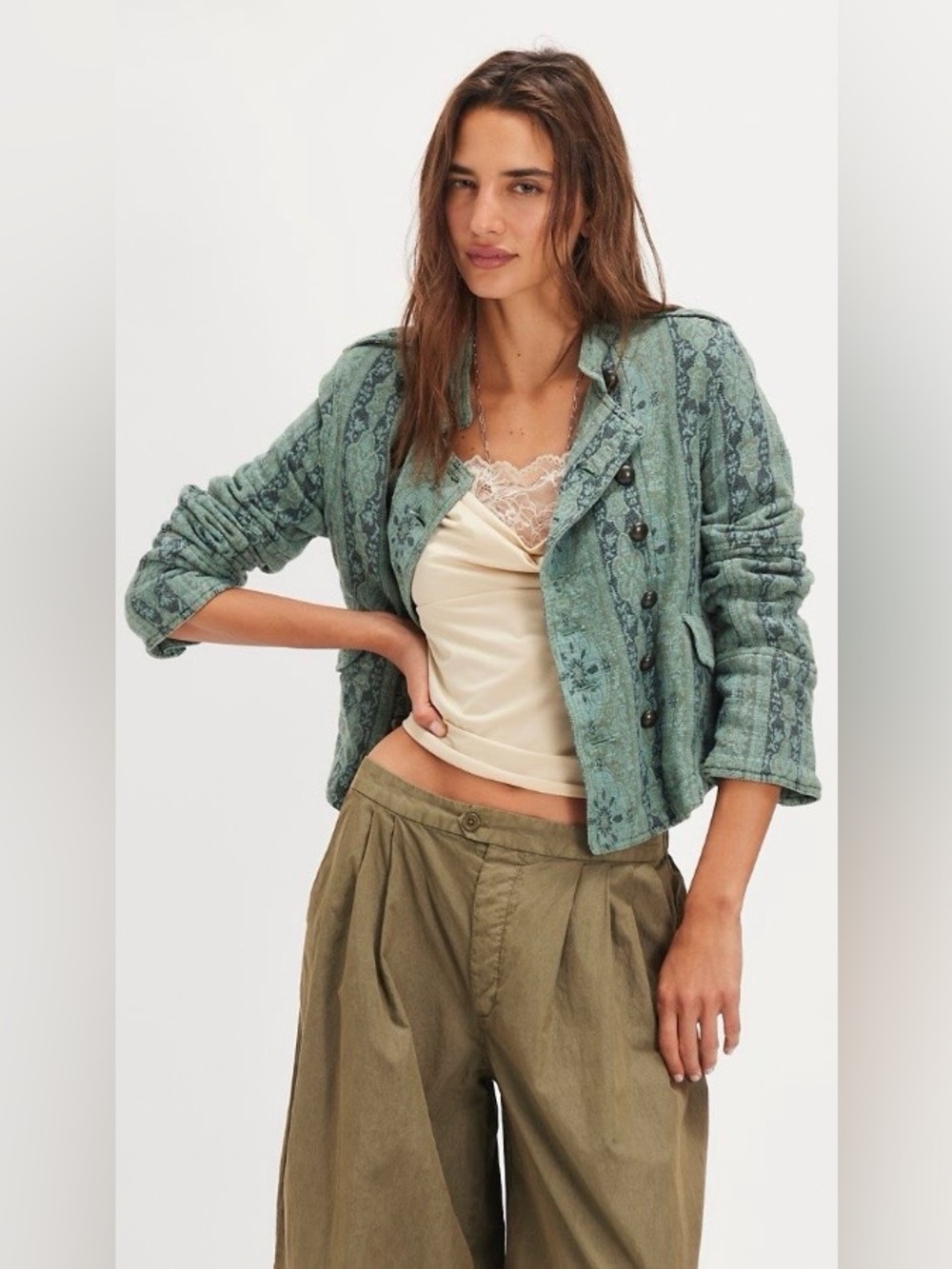Free People Lotty Jacquard Band Jacket Like New. Steel Sea. Medium - Picture 8 of 13